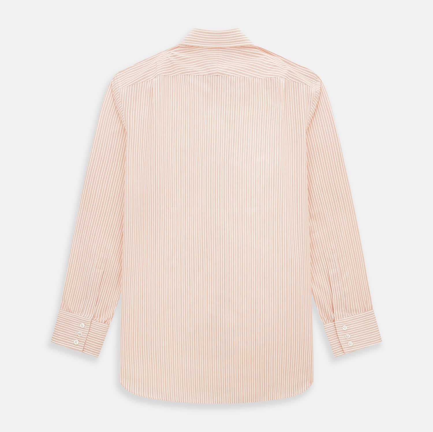 View 3 of product The Turnbull & Asser Orange Ticking Stripe Mayfair Shirt features thin vertical stripes, a classic T&A collar, and buttoned cuffs, shown on a plain white background.
