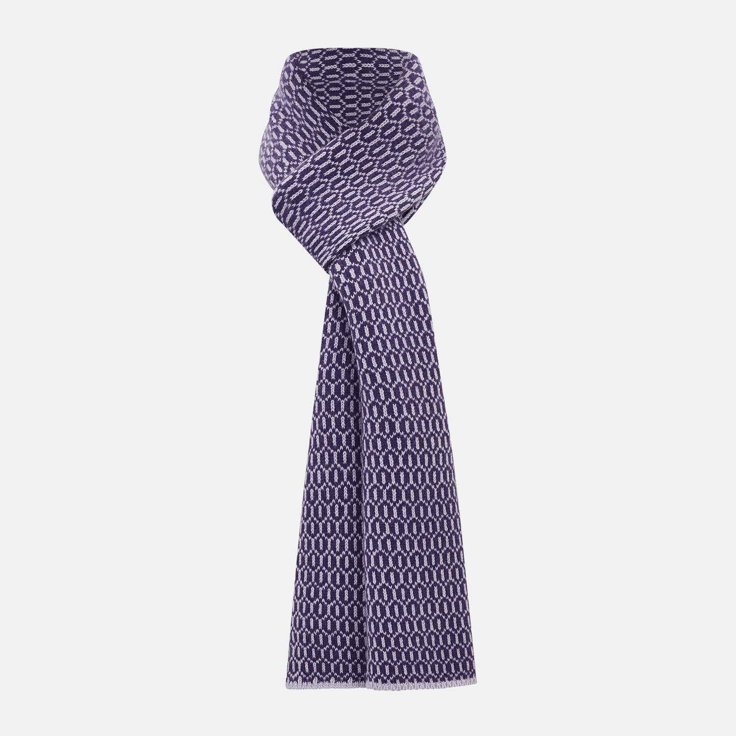 Image 1 of product The Turnbull & Asser Purple and Lilac Hexagon Cashmere Knitted Scarf, featuring a white hexagon pattern, is neatly knotted and displayed on a plain background—a stylish accessory to elevate any outfit.