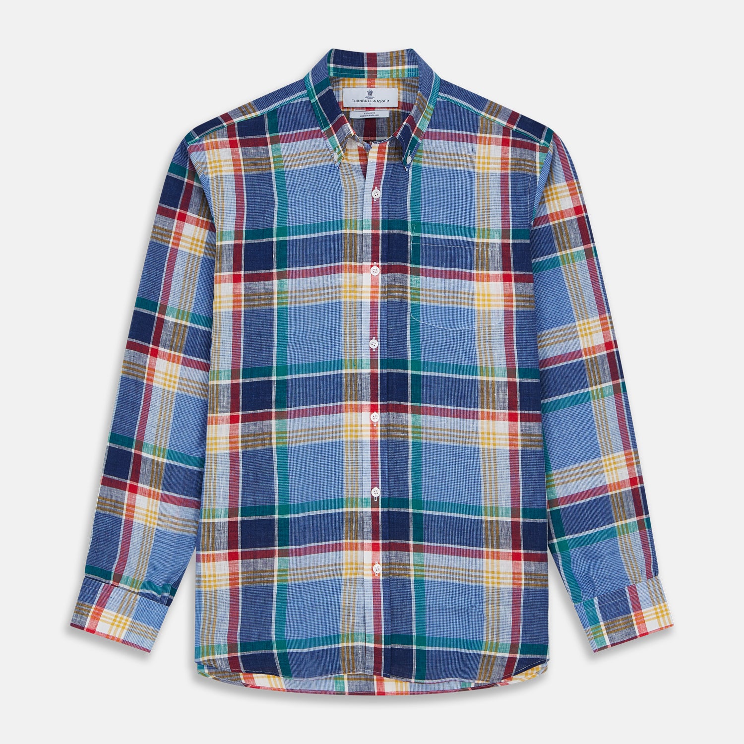 View 1 of product The Blue Multi Check Linen Weekend Fit Suffolk Shirt by Turnbull & Asser features a classic collar, white buttons, chest pocket, and colorful blue, green, yellow, red, and white plaid—perfect for a casual weekend look.