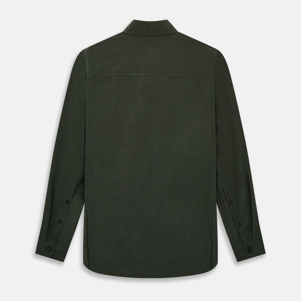 The Turnbull & Asser Olive Corduroy Hampstead Overshirt for men features a collar, long sleeves, left chest pocket, and two zippered side pockets, shown laid flat on a white background.