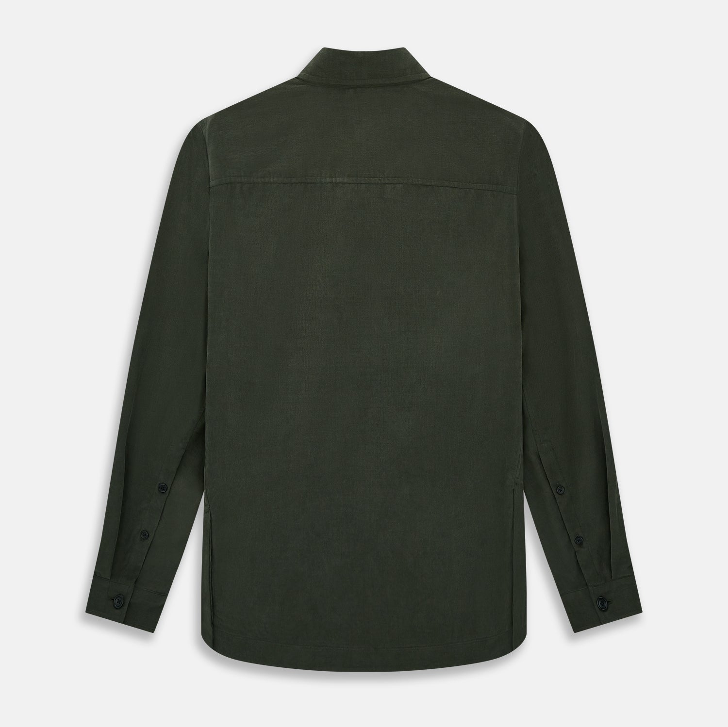 View 3 of product The Turnbull & Asser Olive Corduroy Hampstead Overshirt for men features a collar, long sleeves, left chest pocket, and two zippered side pockets, shown laid flat on a white background.