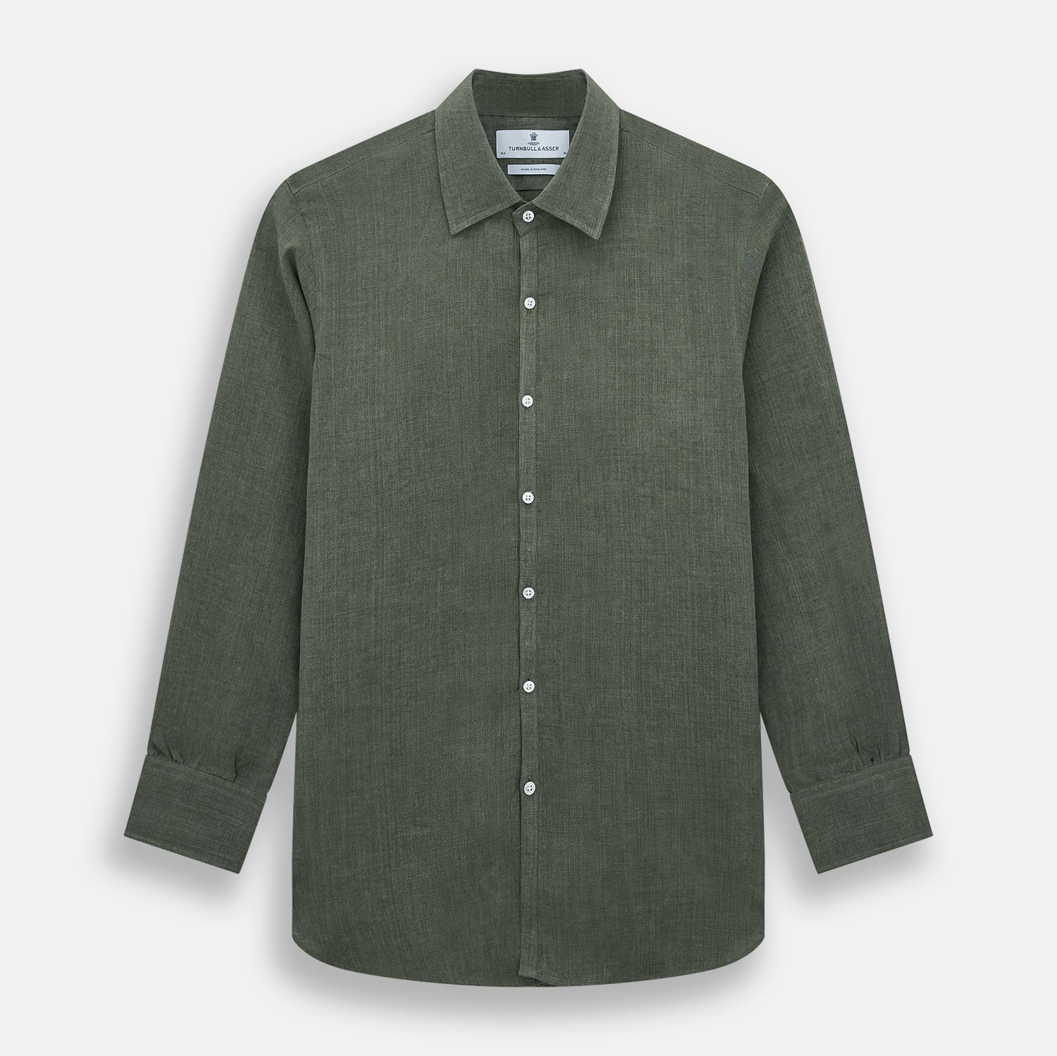 View 1 of product The Sage Linen Westminster Shirt by Turnbull & Asser features long sleeves, a button-up front with white buttons, a pointed Turnbull collar, and buttoned cuffs—crafted in Britain and shown here against a plain white background.