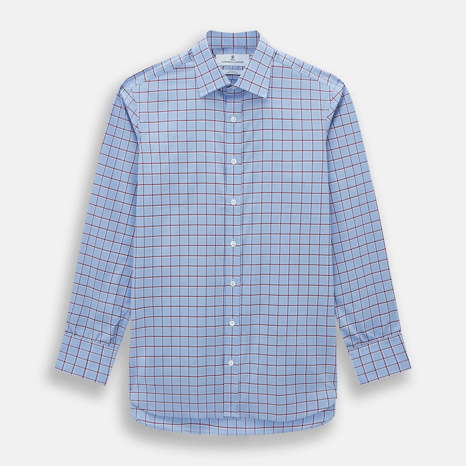 View 1 of product The Turnbull & Asser Blue and Burgundy Windowpane Mayfair Shirt features long sleeves, a light blue base with burgundy windowpane checks, a classic collar, and white buttons.