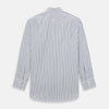 View 3 of product The Turnbull & Asser Navy Multi Stripe Mayfair Shirt, a pure cotton button-up with long sleeves and a collar, features thin vertical blue and white stripes and is displayed flat on a white background.