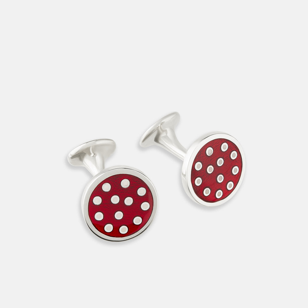 Turnbull & Asser Burgundy Spotted Circle Enamel Cufflinks feature round burgundy faces with evenly spaced white polka dots—a refined accessory for men.