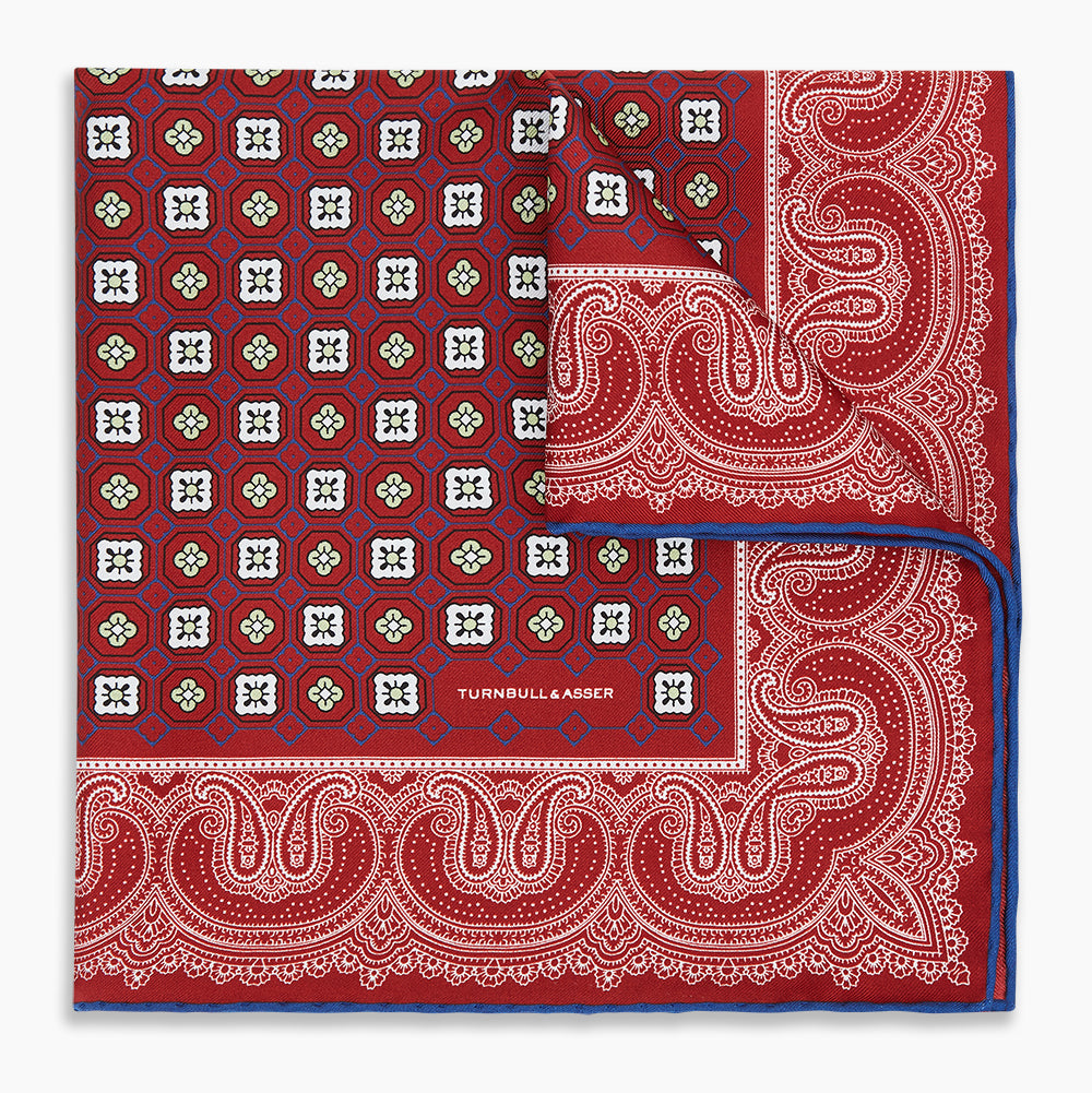 Image 1 of product Red Floral Tile and Paisley Silk Pocket Square