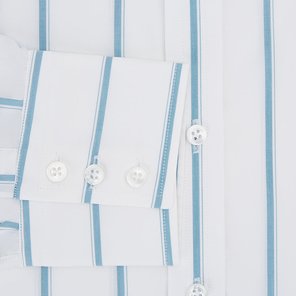 The Turnbull & Asser Turquoise Track Stripe Mayfair Shirt is crafted from Italian cotton with long sleeves, turquoise vertical stripes, a classic collar, and buttoned cuffs, displayed on a plain white background.