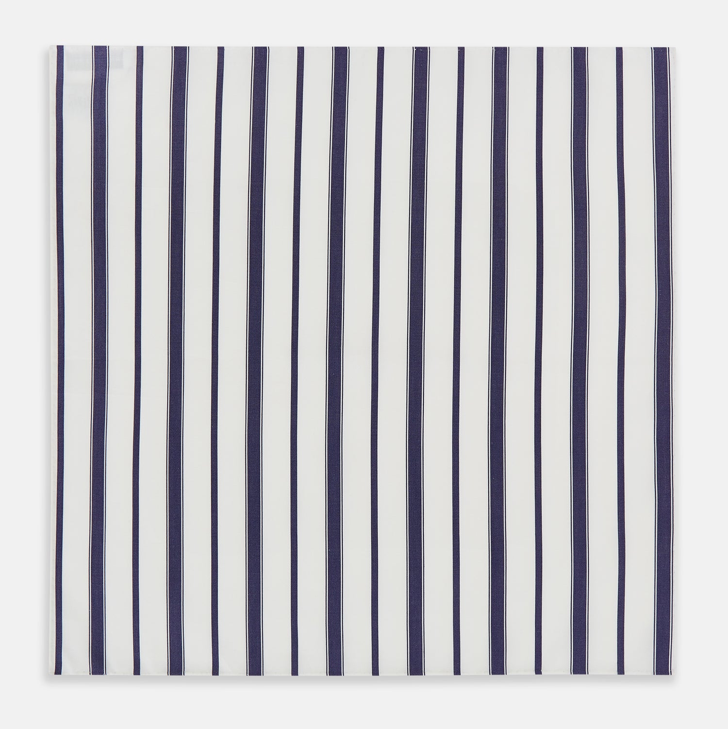 View 3 of product The Navy Double Stripe Hand-Rolled Handkerchief by Turnbull & Asser features evenly spaced navy and black stripes on white fabric, meticulously crafted in England with hand-rolled edges.