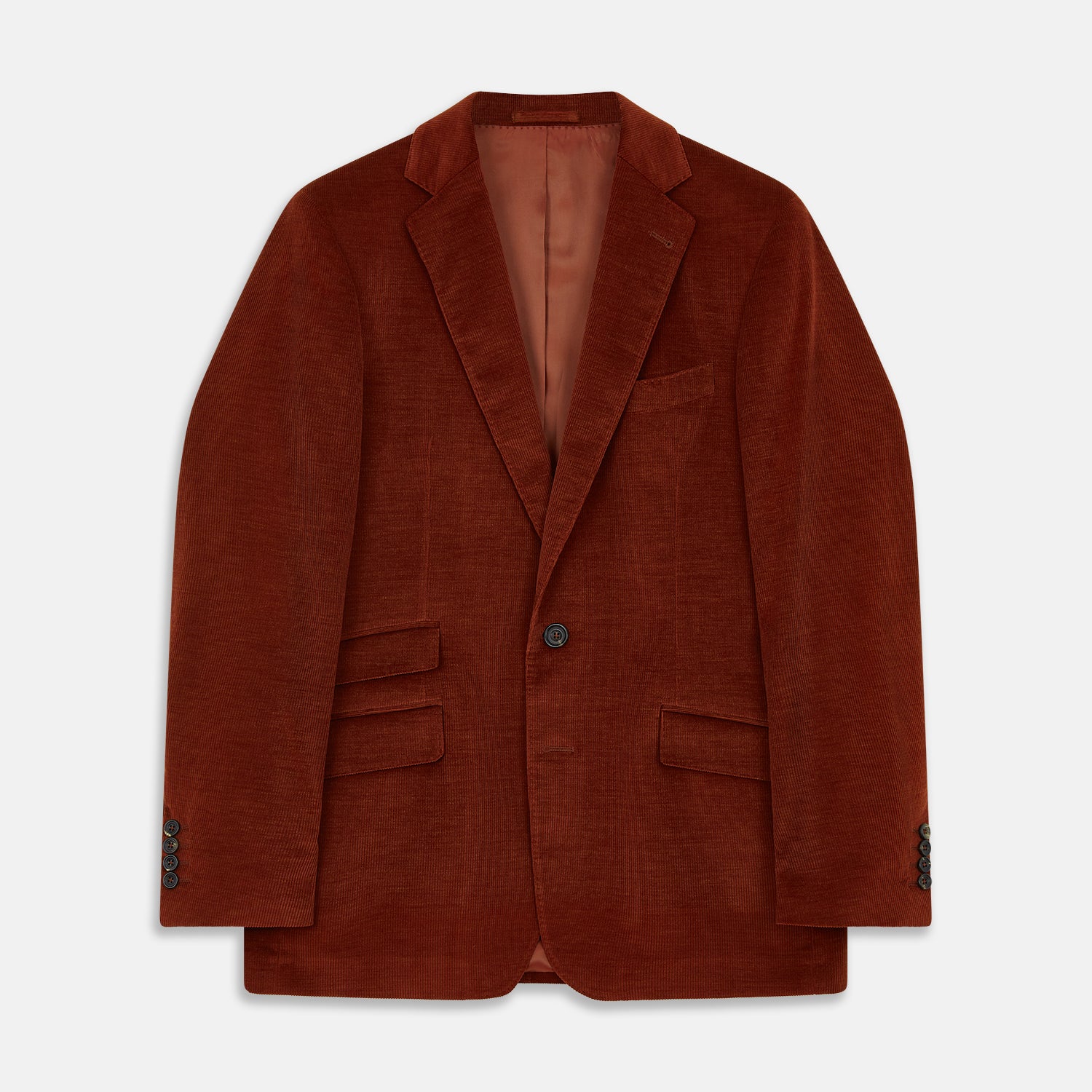 View 1 of product The Rust Cord Barrington Blazer by Turnbull & Asser is tailored in Italy with notch lapels, two front buttons, three pockets, and four-button cuffs, shown flat on a white background.
