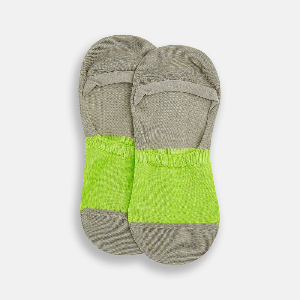 The Turnbull & Asser Vanilla No-Show Socks are shown on a white background, featuring a bright green toe and front, with the rest of the cotton sock in light grayish-brown.