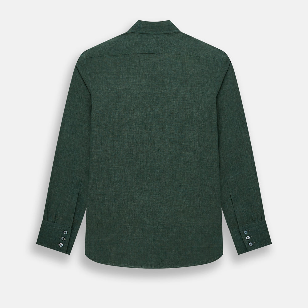 The Forest Green Linen Westminster Shirt by Turnbull & Asser features long sleeves, a Turnbull collar, and a button-up design, shown laid flat on a white background.