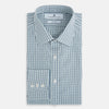 View 5 of product The Turnbull & Asser Light Petrol Micro Tattersall Check Mayfair Shirt features long sleeves, a classic collar, buttoned cuffs, and is crafted from Italian cotton in a refined blue and white check pattern.