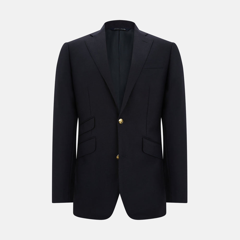 The Turnbull & Asser Long Navy Single Breasted Classic Blazer features British tailoring with two gold buttons, notched lapels, and three front pockets, shown on a plain white background.