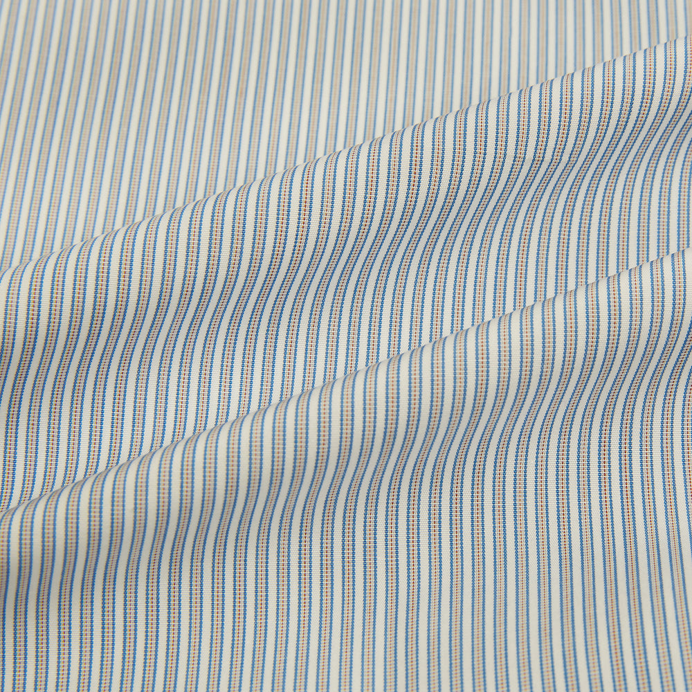 The Blue and Brown Ticking Stripe Mayfair Shirt by Turnbull & Asser, crafted from premium Italian cotton with a collar, white buttons, and buttoned cuffs, is an essential addition to any gentleman's wardrobe.