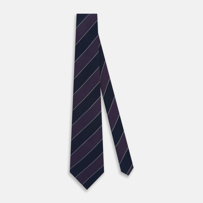 Purple And Navy Block Stripe Silk Blend Tie Image 1