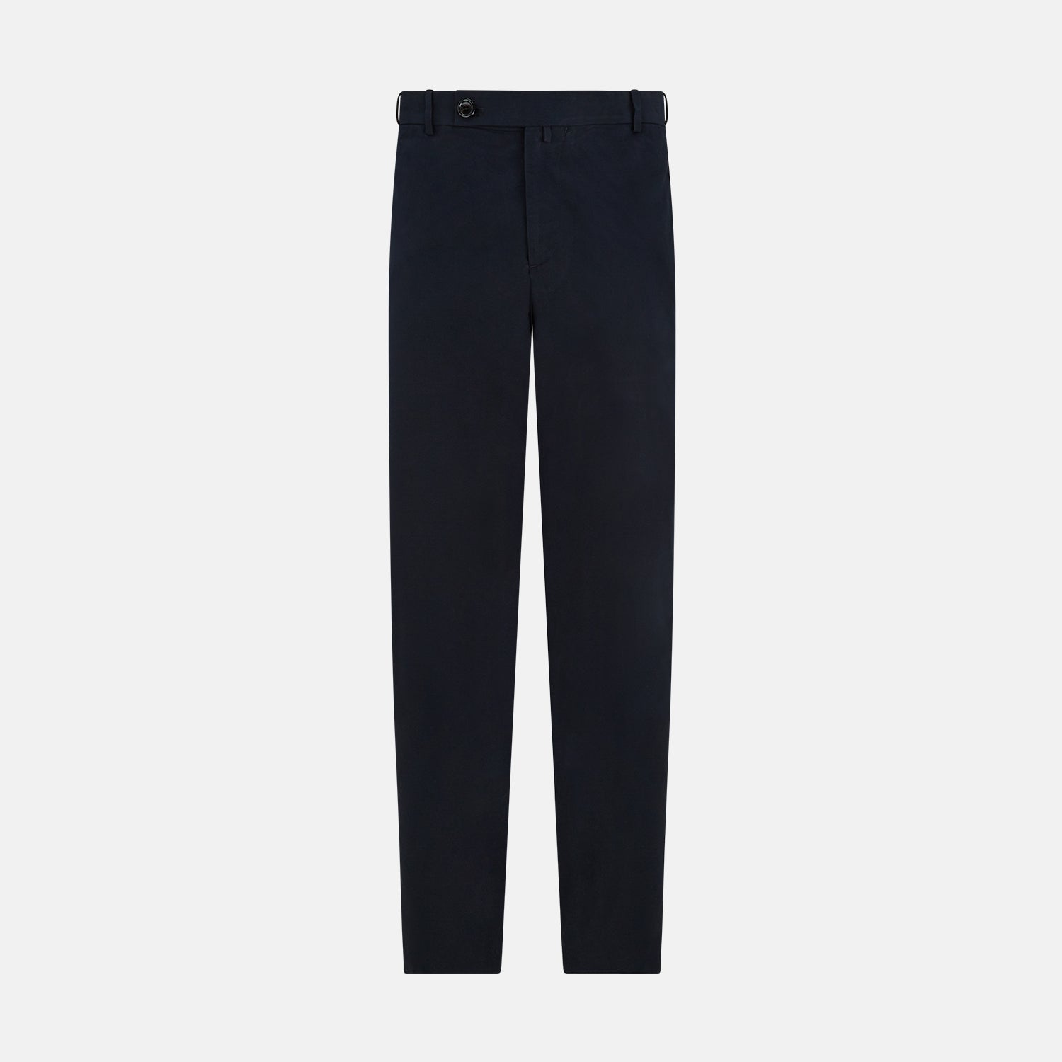 View 1 of product Turnbull & Asser’s Midnight Blue Winston Trousers, in high-twist cotton with belt loops and a button closure, are shown flat against a plain white background.