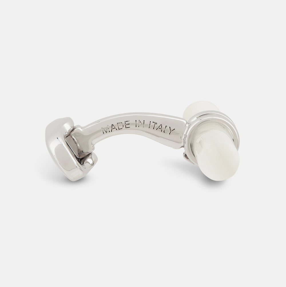 Turnbull & Asser Mother of Pearl Handlebar Cufflinks feature sleek cylindrical white bars, elegantly displayed against a plain white background.