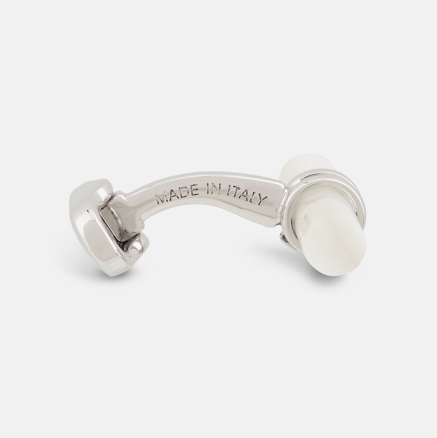 View 2 of product Turnbull & Asser Mother of Pearl Handlebar Cufflinks feature sleek cylindrical white bars, elegantly displayed against a plain white background.