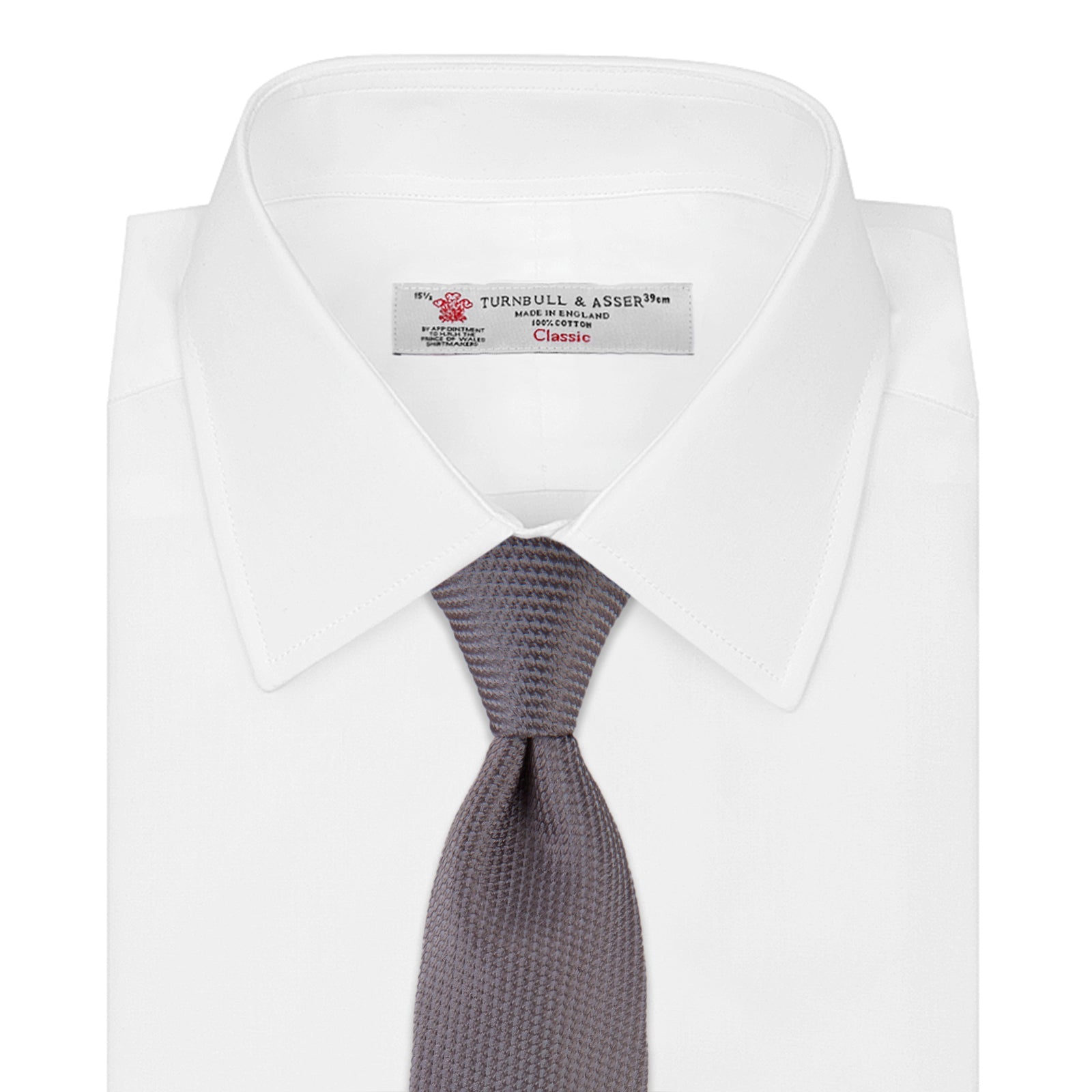 View 2 of product A close-up of the Dark Grey Plain Woven Lace Silk Tie by Turnbull & Asser, neatly rolled and textured, displayed on a light background—an elegant accessory for smart wardrobes.