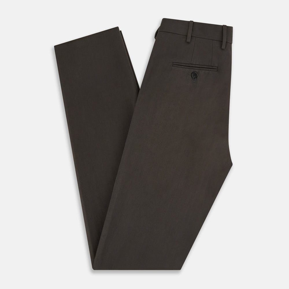 A pair of moss green Henry B trousers by Turnbull & Asser, crafted from Italian cotton with a straight-leg cut, belt loops, and a flat front, displayed against a plain white background.