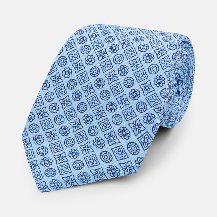 Blue Floral Tile Pattern Printed Silk Tie