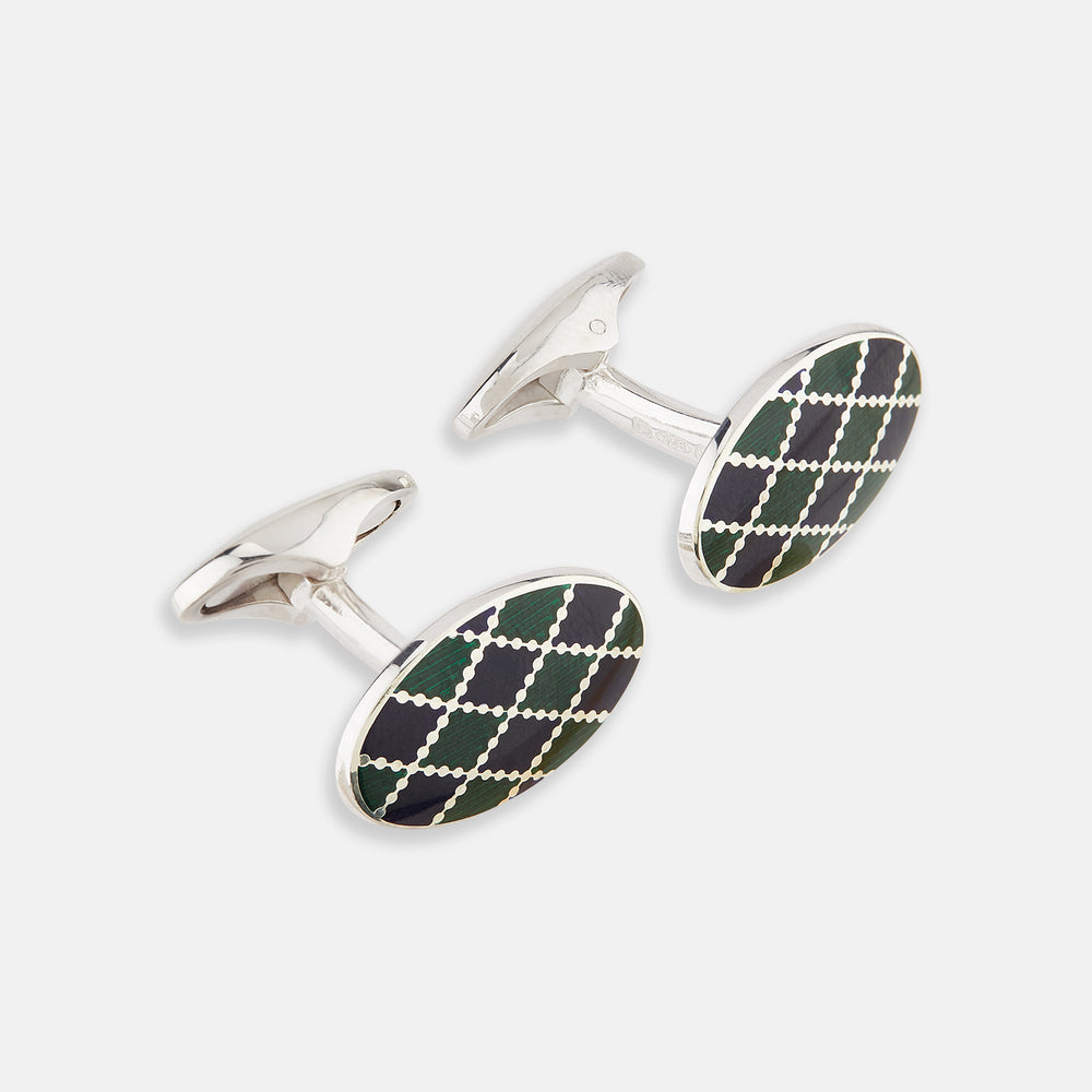 Turnbull & Asser's Forest Green and Navy Checkered Oval Enamel Cufflinks showcase masculine elegance with a sophisticated oval design and striking checkered enamel face.