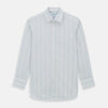 View 1 of product The Turnbull & Asser Multicoloured Double Pinstripe Mayfair Shirt, made from organic cotton, features thin blue, green, and pink stripes on white and is displayed laid flat on a white surface.