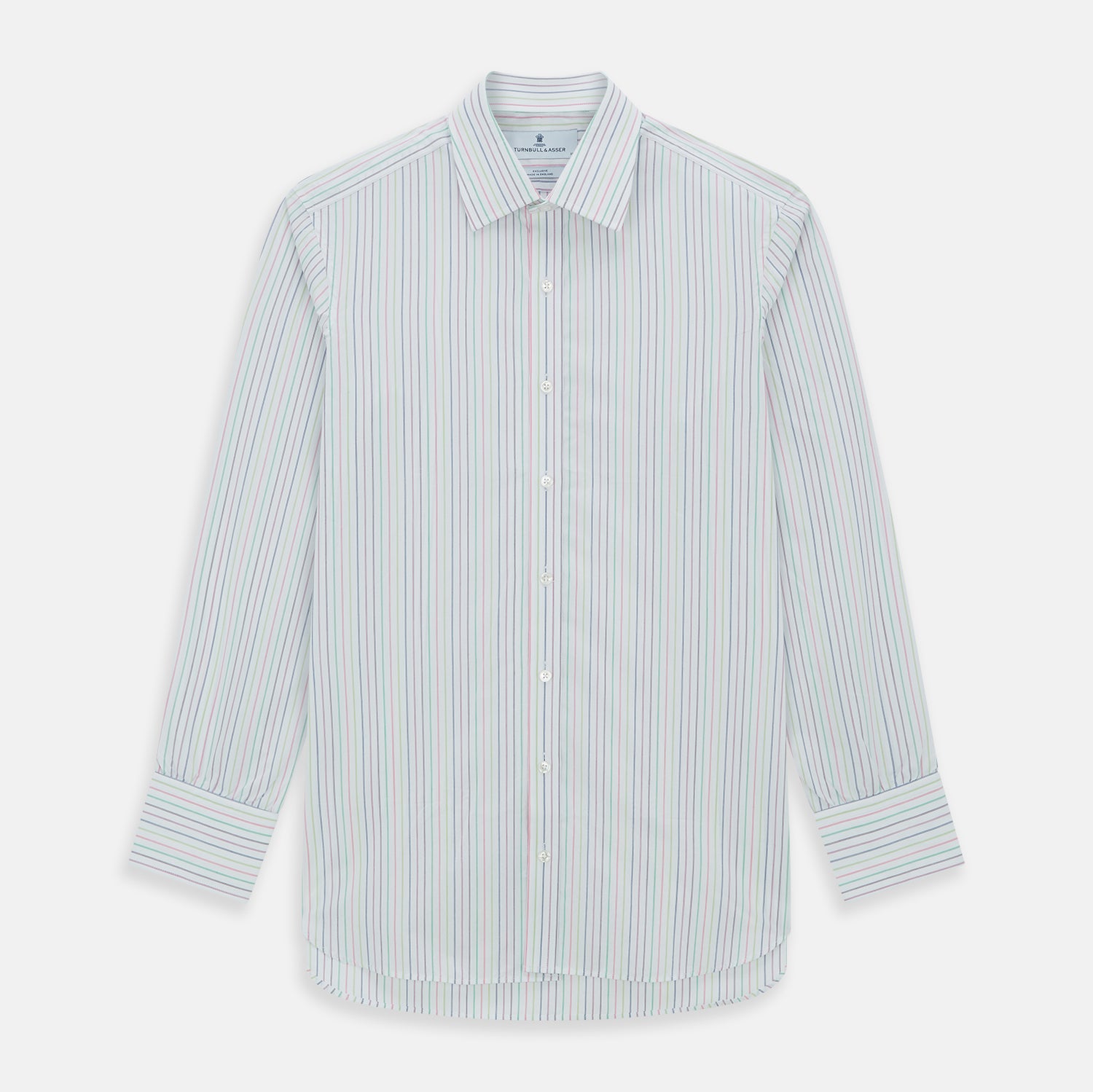 View 8 of product The Turnbull & Asser Multicoloured Double Pinstripe Mayfair Shirt, made from organic cotton, features thin blue, green, and pink stripes on white and is displayed laid flat on a white surface.