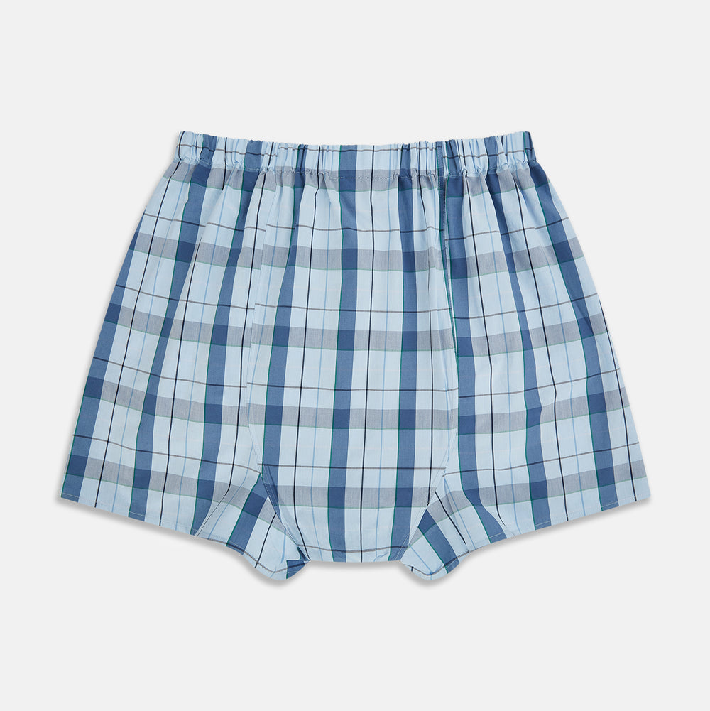 Turnbull & Asser’s Blue and Green Blazer Check Godfrey Boxer Shorts feature an elastic waistband and intersecting blue and green checks, crafted from premium Italian cotton and presented on a plain white background.