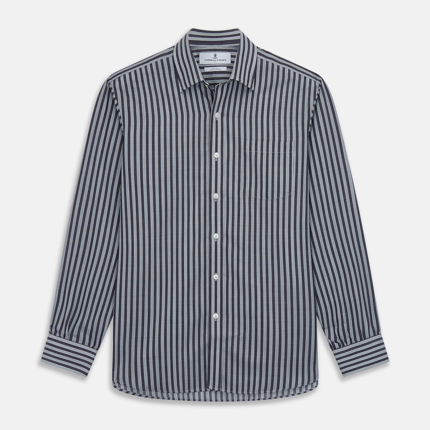 View 2 of product Close-up of Turnbull & Asser's Navy Multi Stripe Wool Fabric, featuring diagonal white stripes, displayed inside a circular frame on a light gray background.