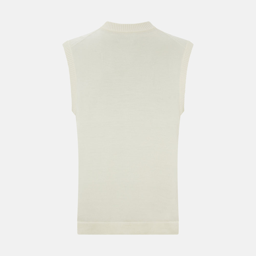 The Ecru Fine Merino V-Neck Vest by Turnbull & Asser is a sleeveless gentleman’s sweater with ribbed edges in cream knit, shown against a plain white background.