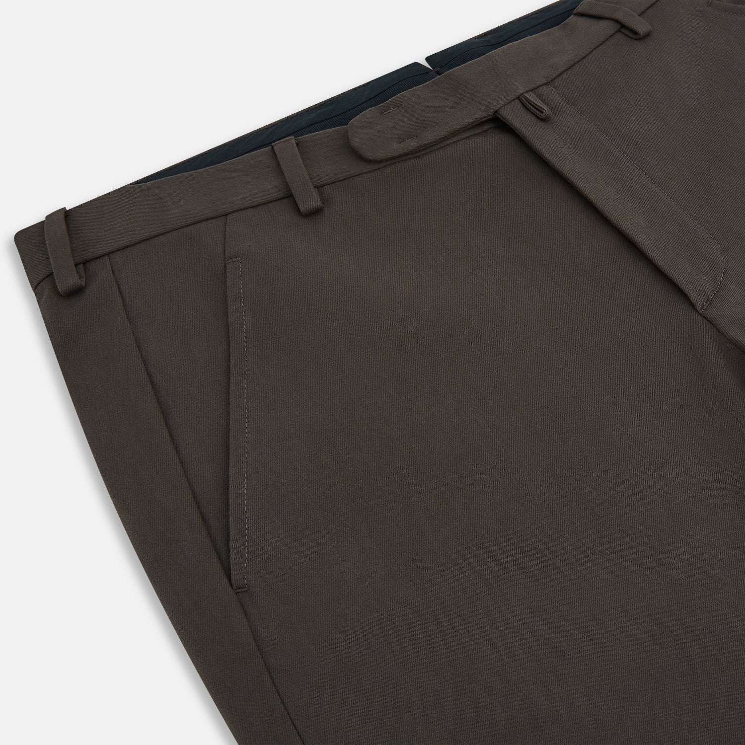 View 2 of product A pair of moss green Henry B trousers by Turnbull & Asser, crafted from Italian cotton with a straight-leg cut, belt loops, and a flat front, displayed against a plain white background.