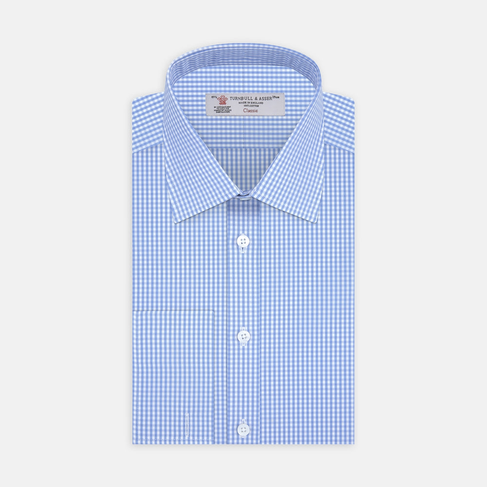 Blue and White Check Shirt with T & A Collar and Double Cuff