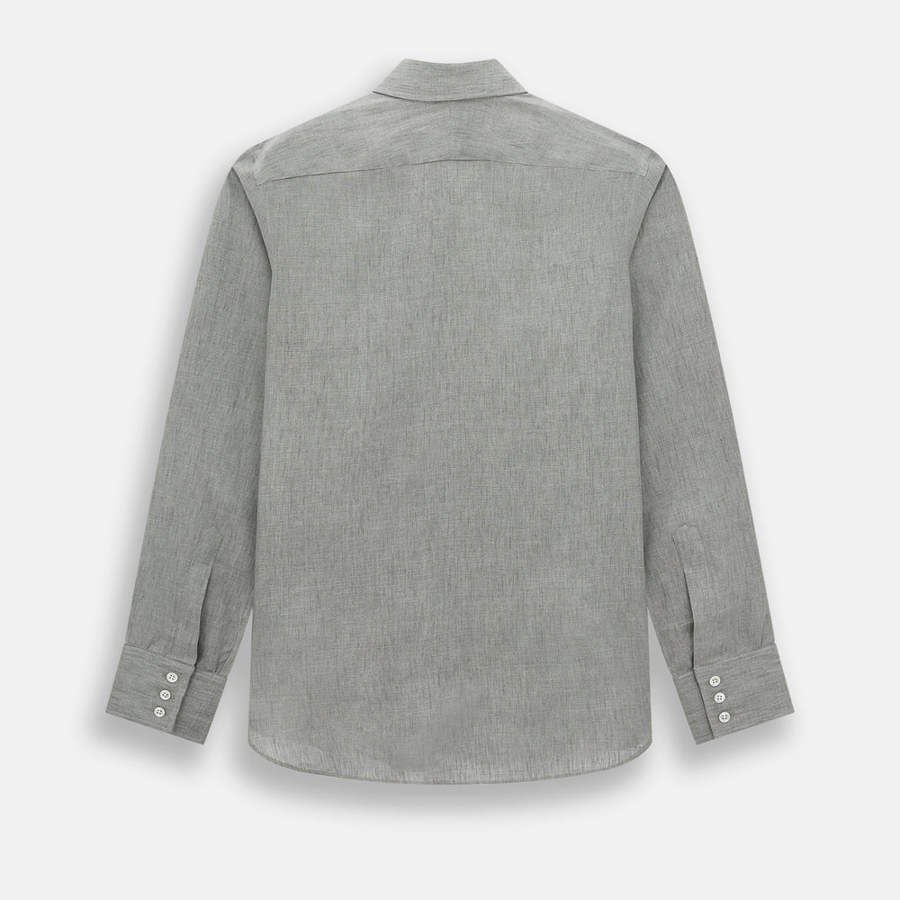 The Flint Grey Linen Westminster Shirt by Turnbull & Asser features long sleeves, a pointed Westminster collar, white buttons, and fine British craftsmanship, shown on a plain white background.