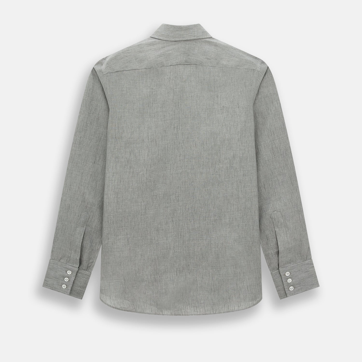 View 3 of product The Flint Grey Linen Westminster Shirt by Turnbull & Asser features long sleeves, a pointed Westminster collar, white buttons, and fine British craftsmanship, shown on a plain white background.