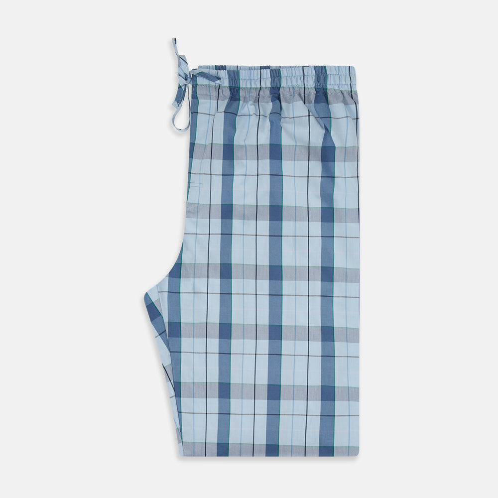 Turnbull & Asser Blue Multi Check Pyjama Trousers, featuring intersecting blue and white lines and a drawstring waistband, laid flat on a white background. Perfect to pair with your favorite cotton T-shirt for cozy comfort.