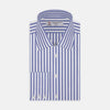 View 2 of product Close-up of Turnbull & Asser's Mid Blue Candy Stripe Cotton Fabric, featuring evenly spaced vertical blue stripes on white, displayed in a circular frame against a light gray background.