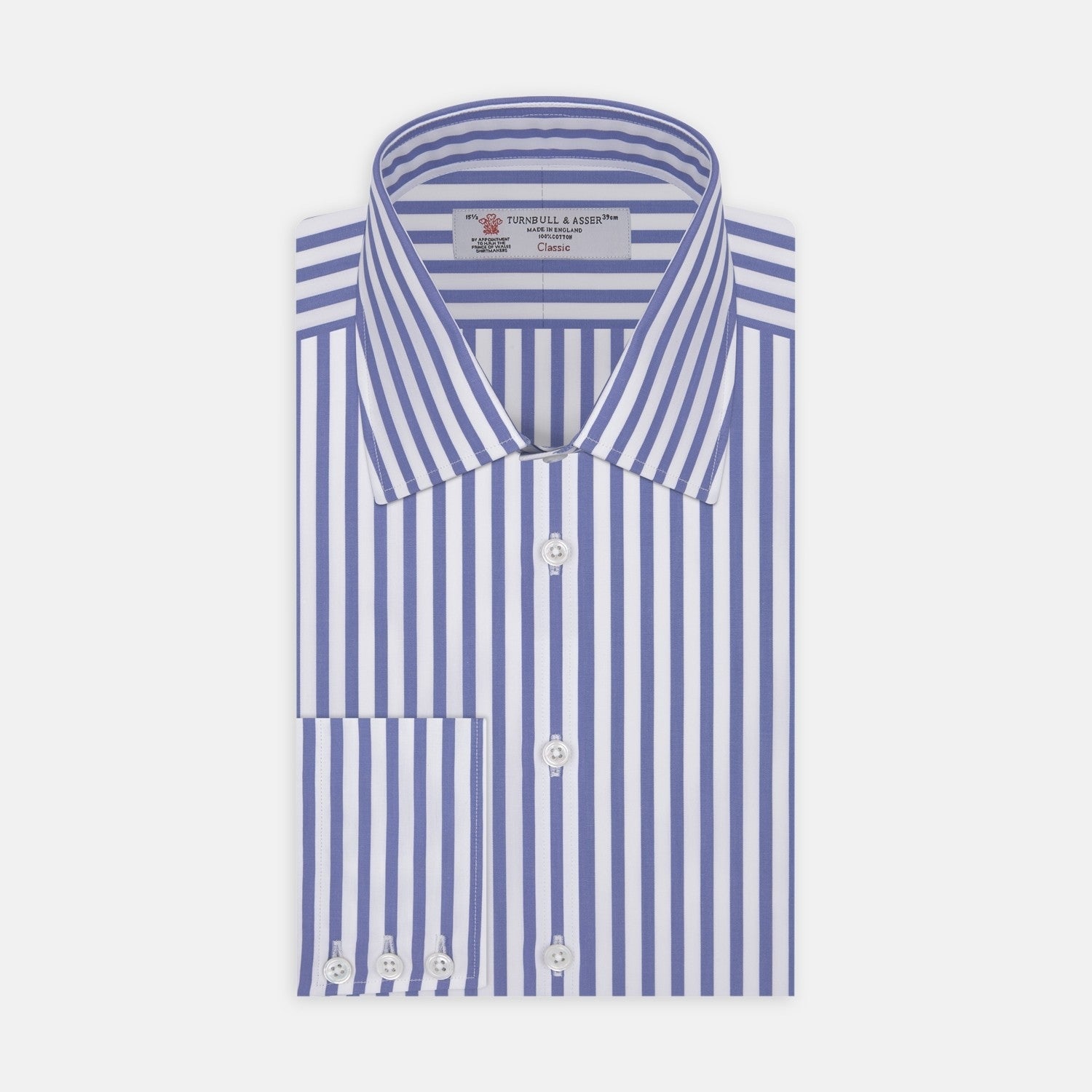 View 2 of product Close-up of Turnbull & Asser's Mid Blue Candy Stripe Cotton Fabric, featuring evenly spaced vertical blue stripes on white, displayed in a circular frame against a light gray background.