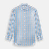 View 1 of product The Turnbull & Asser Blue and Navy Combination Check Mayfair Shirt features a classic button-up style with long sleeves, T&A collar, and a blue, navy, and white check pattern, shown against a plain white background.