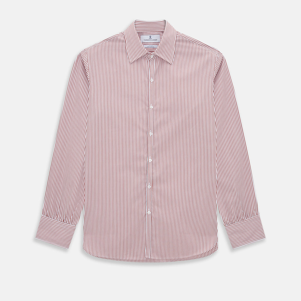 The Red Shadow Stripe Westminster Shirt by Turnbull & Asser features long sleeves, a Turnbull collar, thin red and white vertical stripes, white buttons, and showcases British craftsmanship against a plain white background.