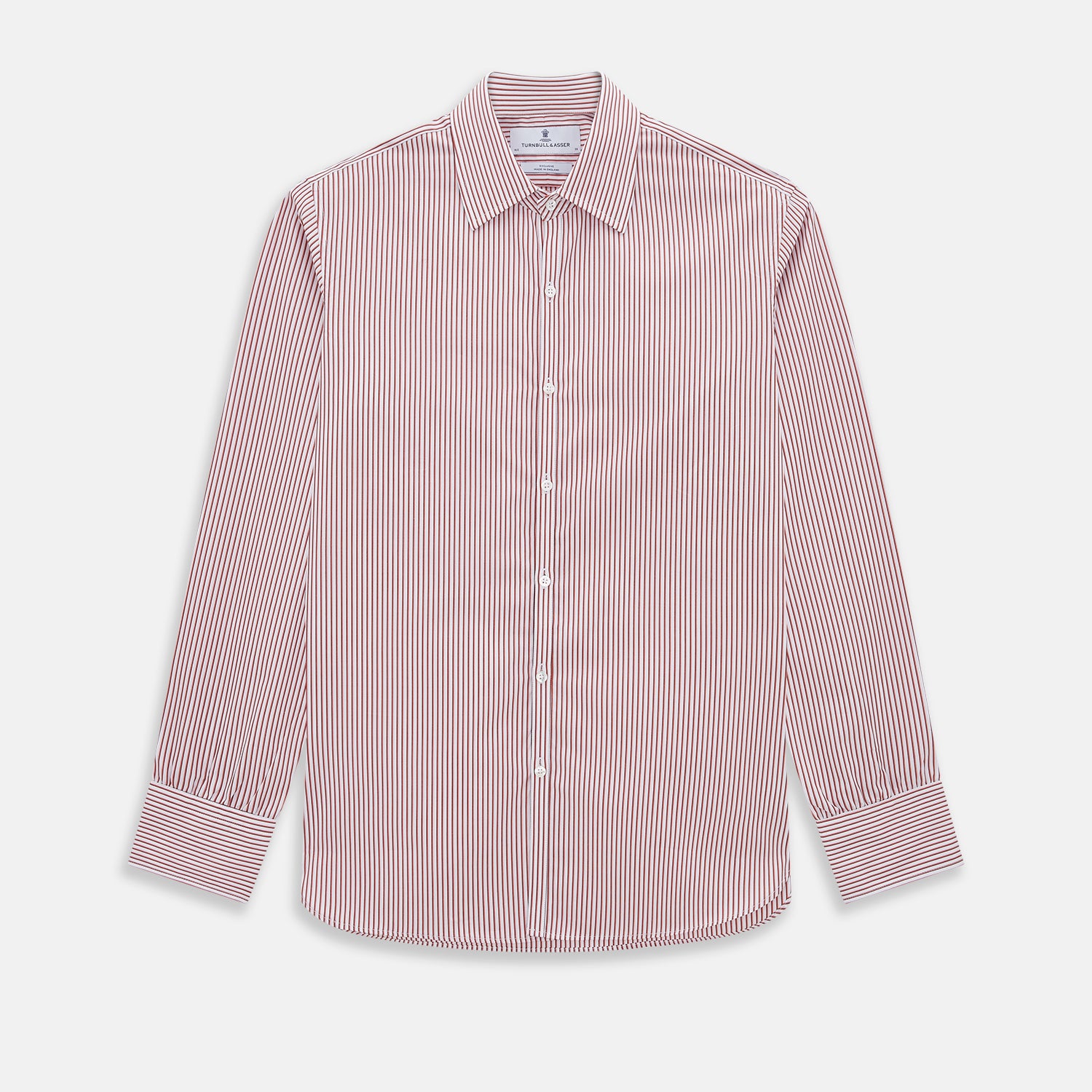 View 1 of product The Red Shadow Stripe Westminster Shirt by Turnbull & Asser features long sleeves, a Turnbull collar, thin red and white vertical stripes, white buttons, and showcases British craftsmanship against a plain white background.