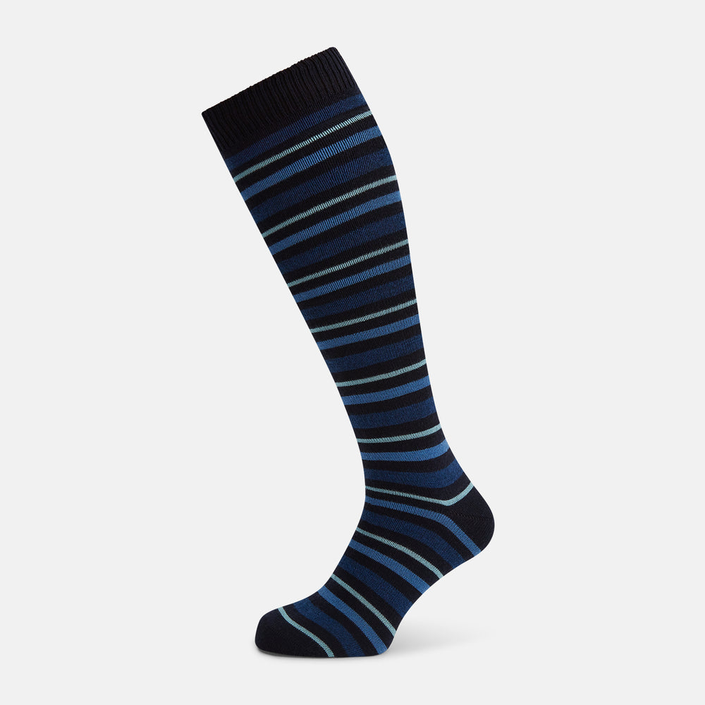 Turnbull & Asser Navy Striped Merino Wool Long Socks, knee-high and over the calf, feature horizontal blue and black stripes and are shown on a plain white background.
