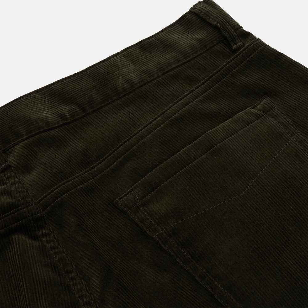 A pair of Turnbull & Asser Olive Green Cord Mylo Trousers, featuring a slim fit, five-pocket design, button closure, and belt loops, is shown laid flat on a white background.