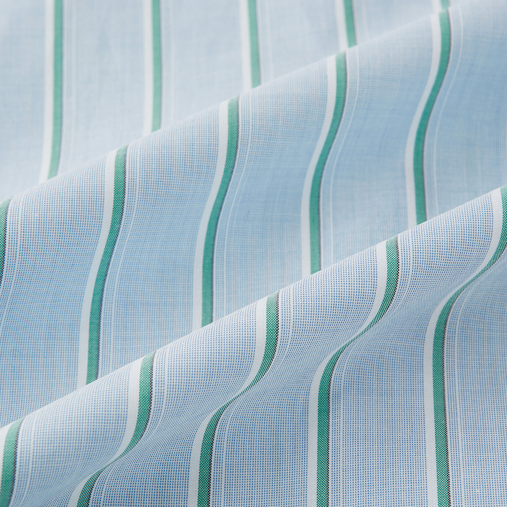 Blue and green multi-stripe Westminster shirt by Turnbull & Asser, featuring a pointed collar and buttoned cuffs—a refined example of British craftsmanship on a plain white background.