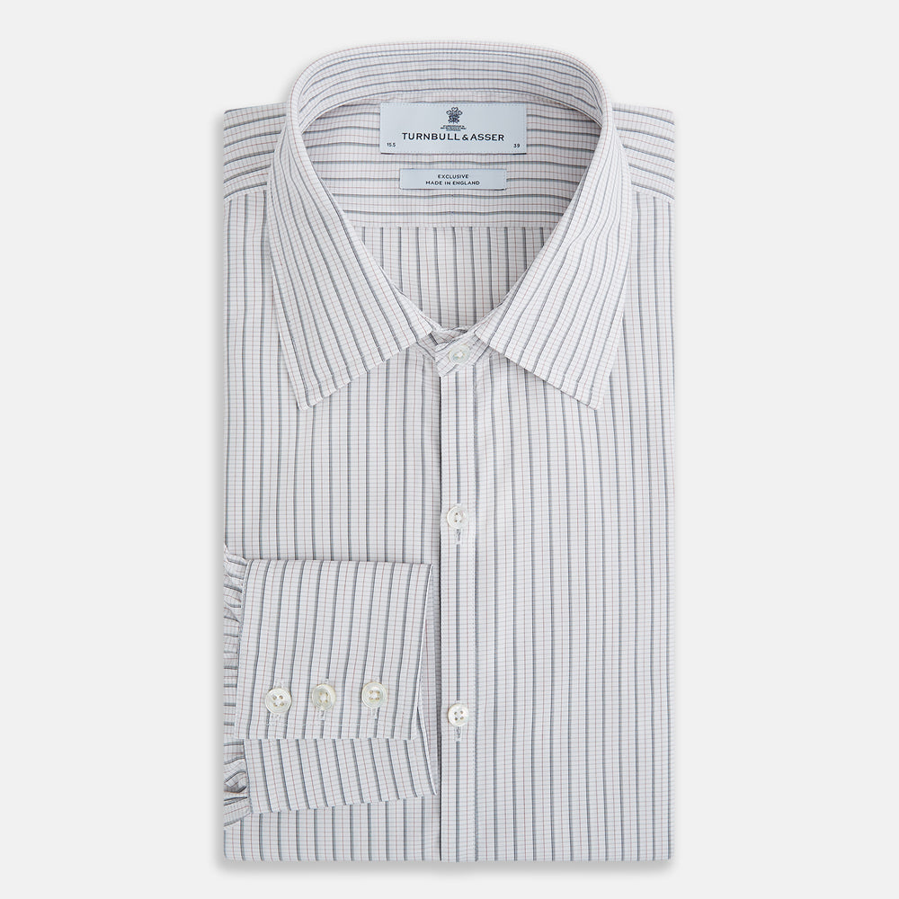 A red and navy graph check Westminster shirt by Turnbull & Asser with a formal collar and tailored fit, featuring a button-up front and buttoned cuffs, laid flat on a white background.