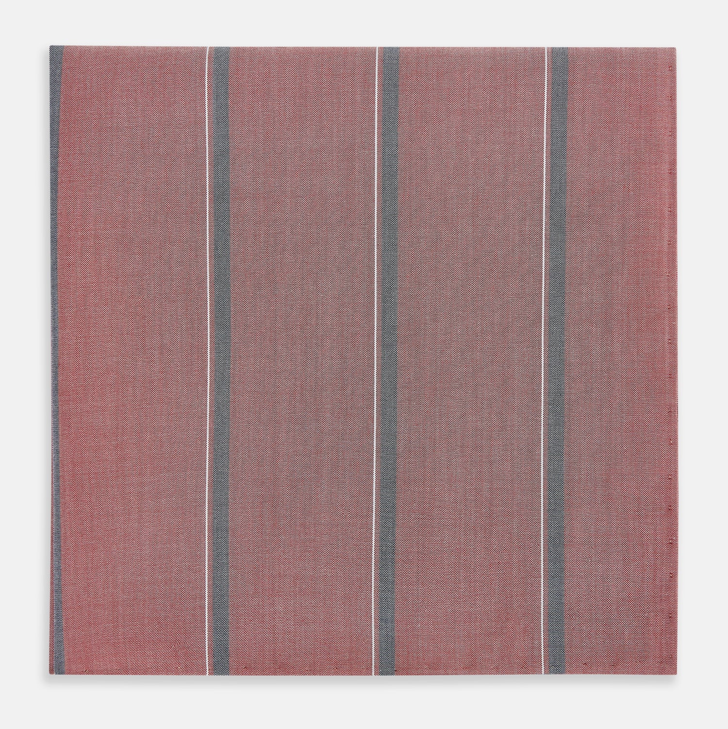 View 1 of product The Red Track Stripe Hand-Rolled Handkerchief by Turnbull & Asser features vertical gray and thin white stripes on red, a subtle woven texture, and elegant hand-rolled edges. Made in England.
