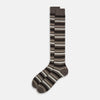 View 2 of product The Coffee Striped Merino Wool Long Socks by Turnbull & Asser feature knee-high length with horizontal brown, beige, and cream stripes, shown against a plain white background.