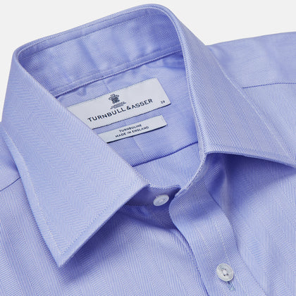 Blue Herringbone Regular Fit Shirt With Kent Collar Image 3