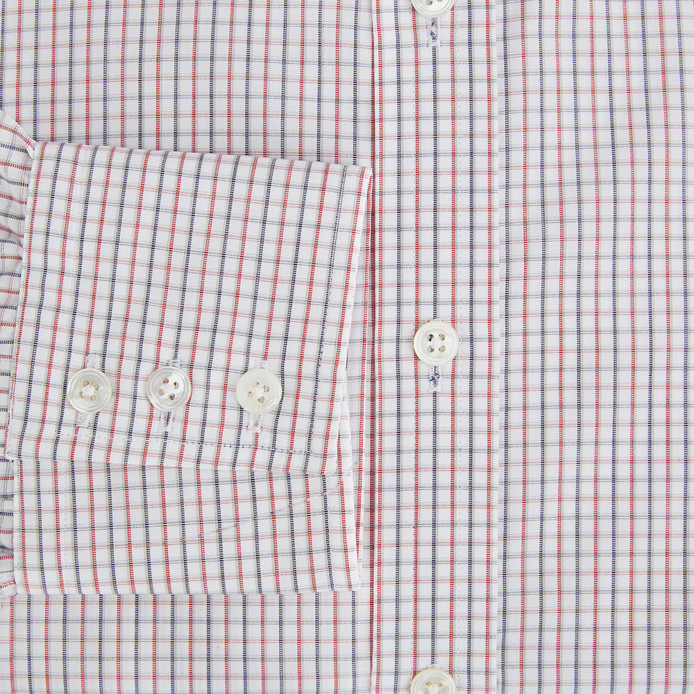 Turnbull & Asser Red and Blue Multi Check Mayfair Shirt with a classic T&A collar in premium Italian cotton, neatly laid flat on a white surface.