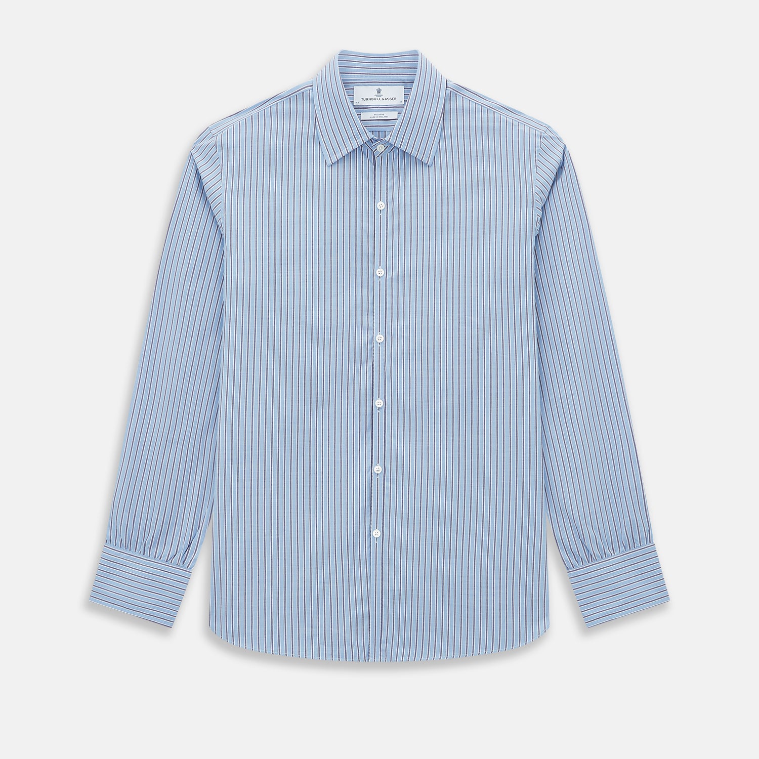 Image 1 of product The Steel Blue Ticking Stripe Westminster Shirt by Turnbull & Asser features a classic fit, Turnbull collar, vertical stripes, white buttons, and buttoned cuffs—showcasing refined British craftsmanship.